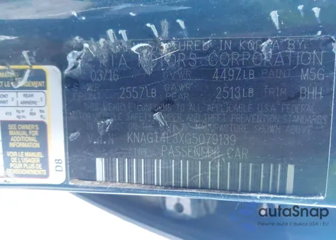 2016 Kia Optima Lx z USA, uszkodzony, nr VIN KNAGT4L3XG5079139